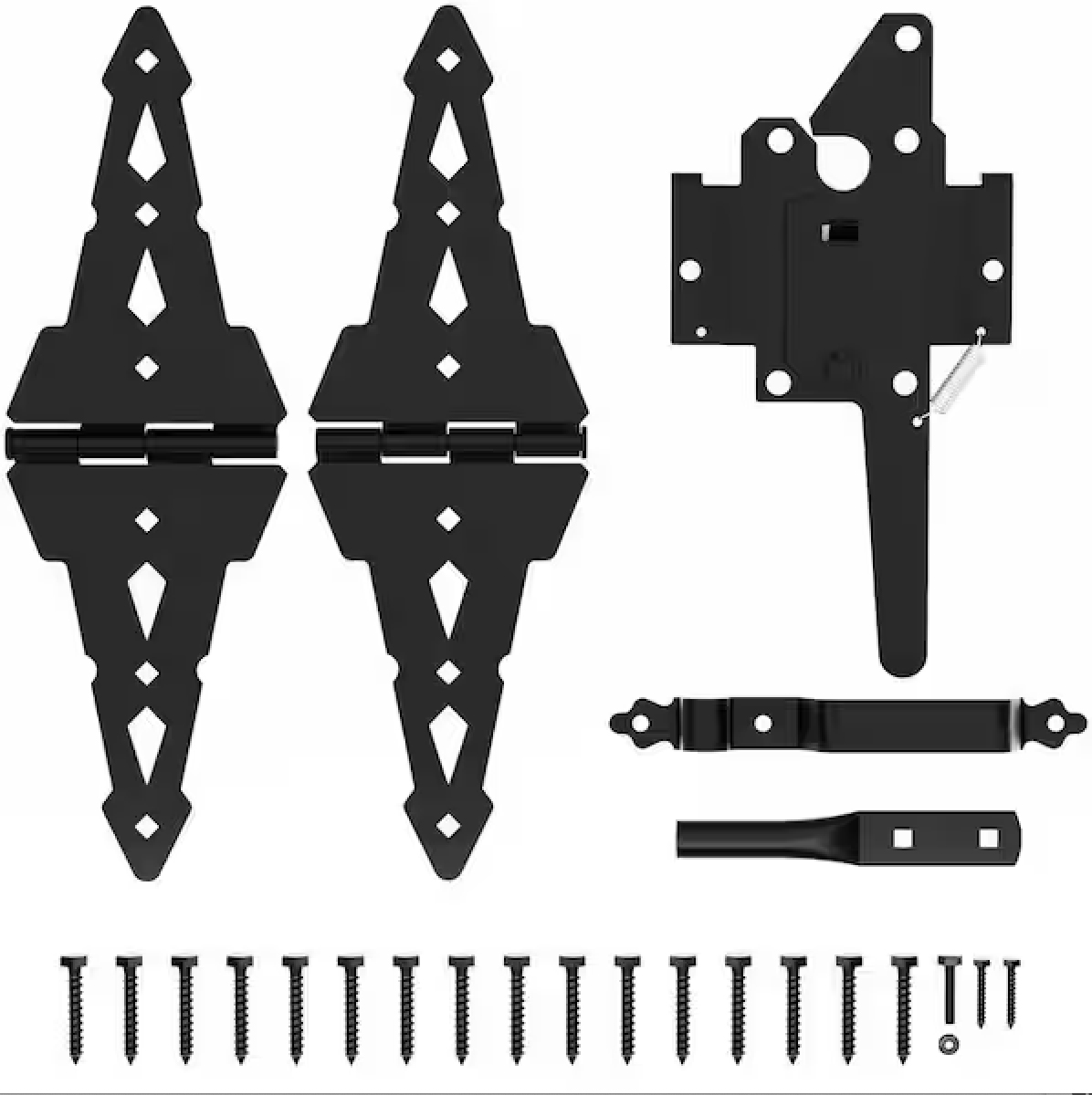 Black Steel Wood Gate Hardware Kit with 2 Hinges, 8 Straps, and Post Latch for Wood Fencing